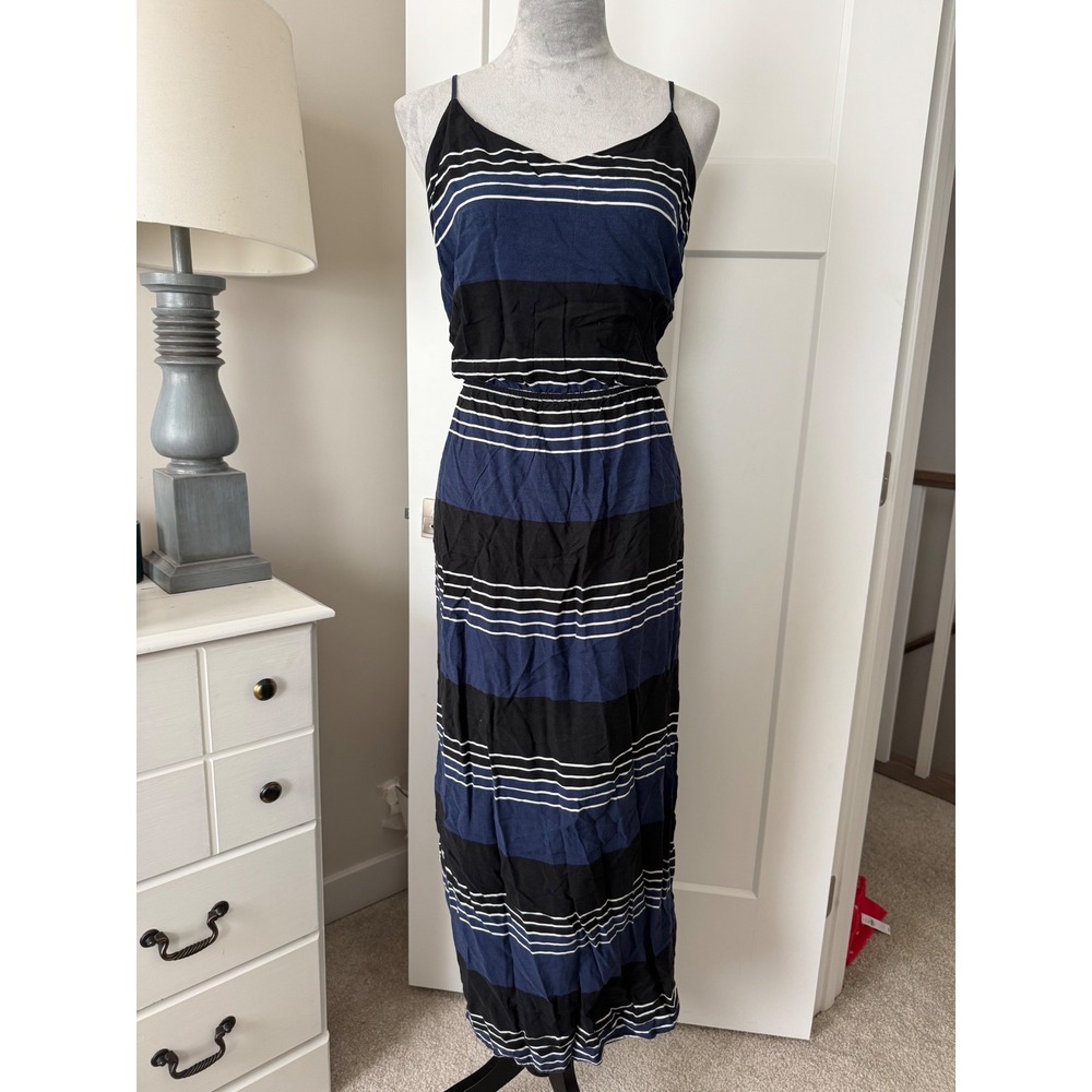 Old Navy Womens XL Navy Blue Black Striped Sleeveless Maxi Dress Elastic Waist